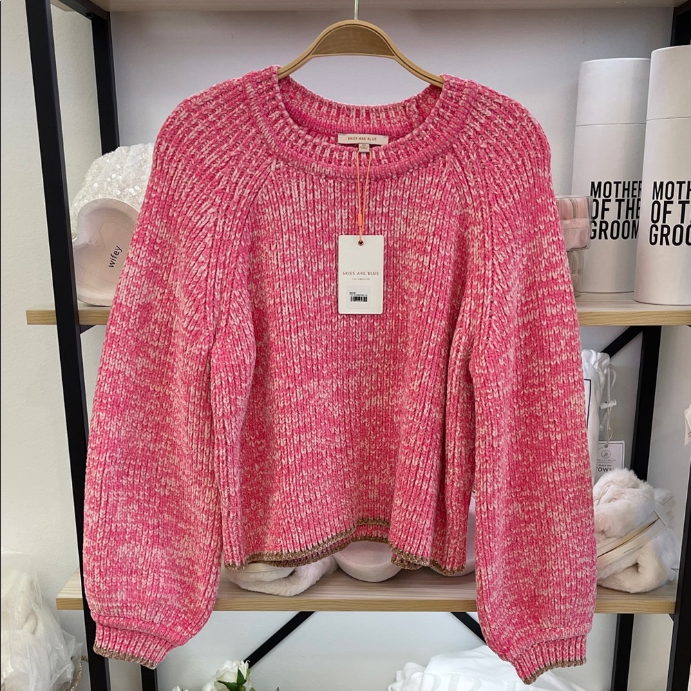Cozy chenille hot Pink with brown edges Knit Sweater - Women's Crewneck